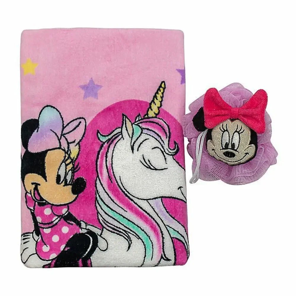 Disney Minnie Mouse Bath Towel and Loofah Puff Set Of 2 Kids Girls Bath Pink